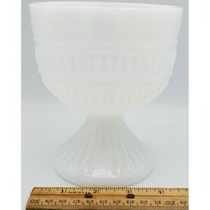 Vintage Milk Glass Bowl Vase 5.5in Ribbed Banded Compote Footed Candy Fruit